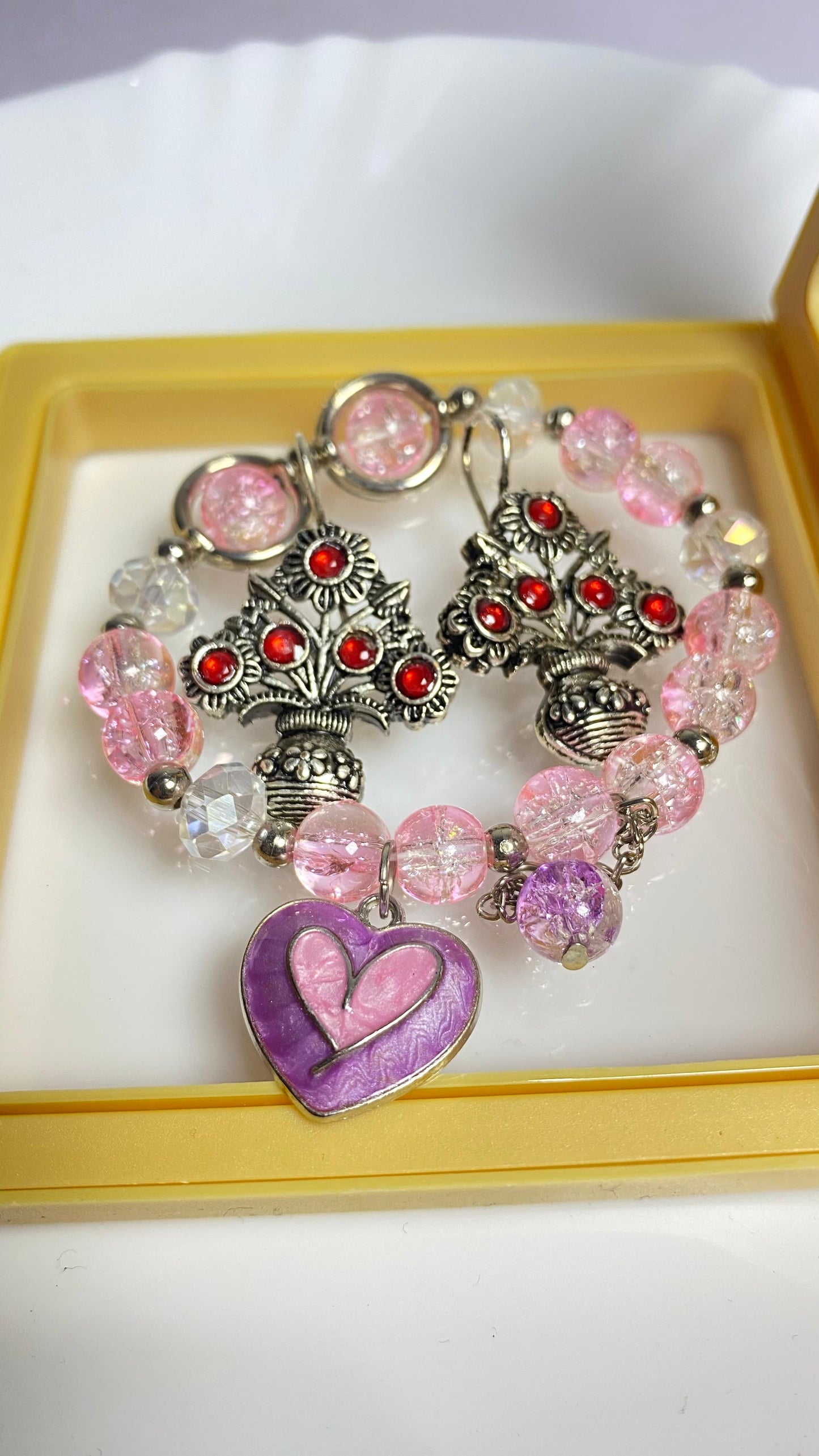 Pink Charm Beaded Bracelet with PeaCock Earring