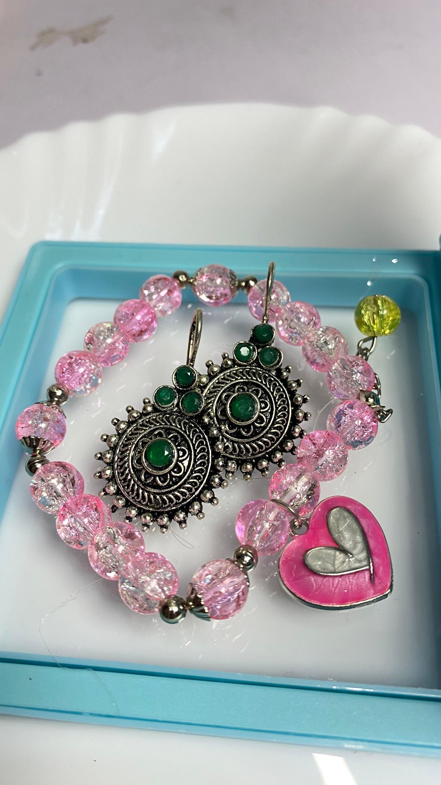 Beaded Bracelet with Green Earring