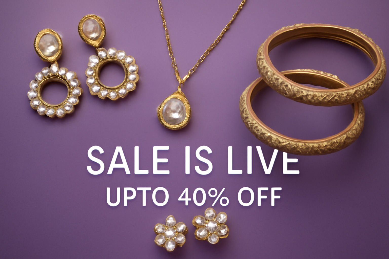 Gold jewelry set including earrings, necklace, and bangles on a purple background with sale text.