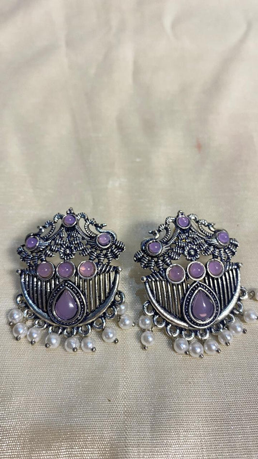 Purple Stone Oxidized Earrings with Pearl Drops