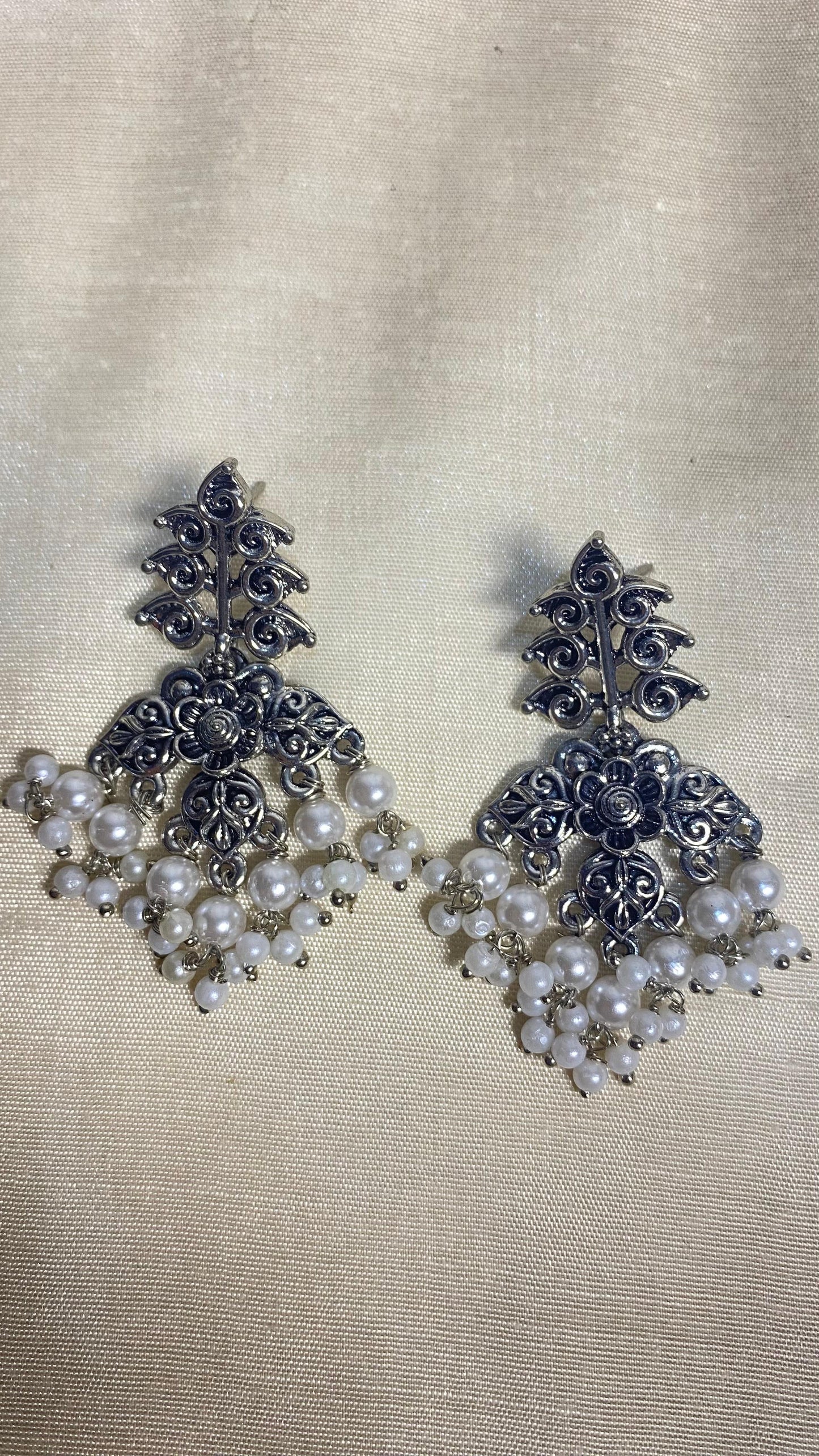 Silver Oxidised Earring with Pearl Drops