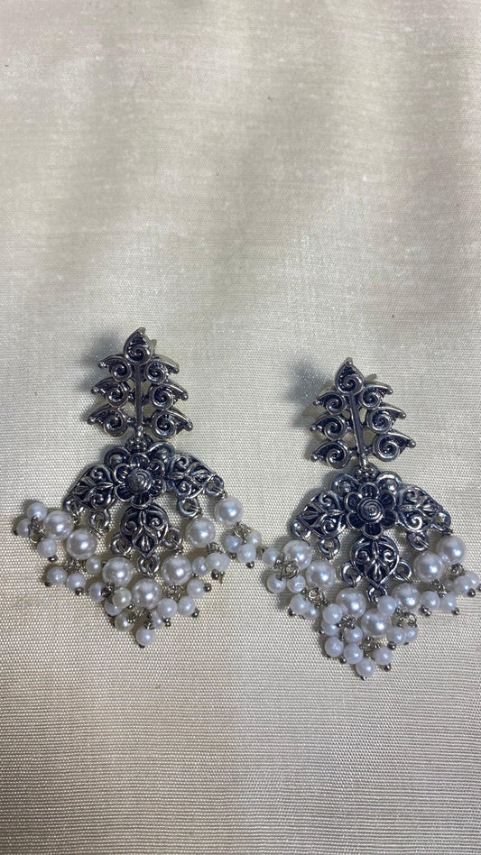 Silver Oxidised Earring with Pearl Drops