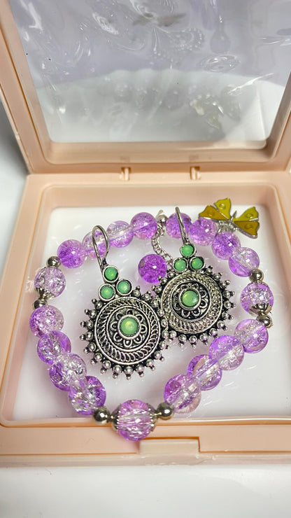 Purple Charm Beaded Bracelet with Peacock Earring