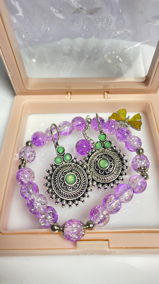 Purple Charm Beaded Bracelet with Peacock Earring