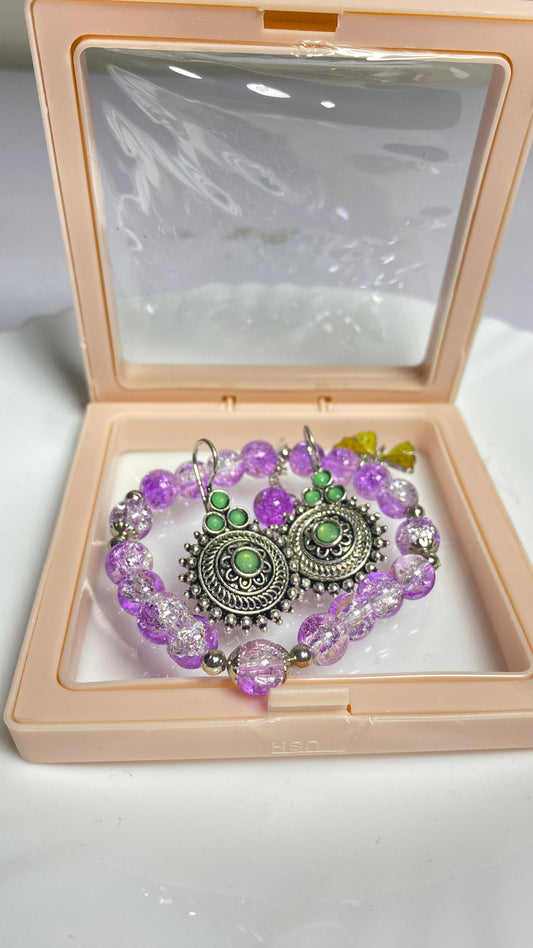 Purple Charm Beaded Bracelet with Peacock Earring
