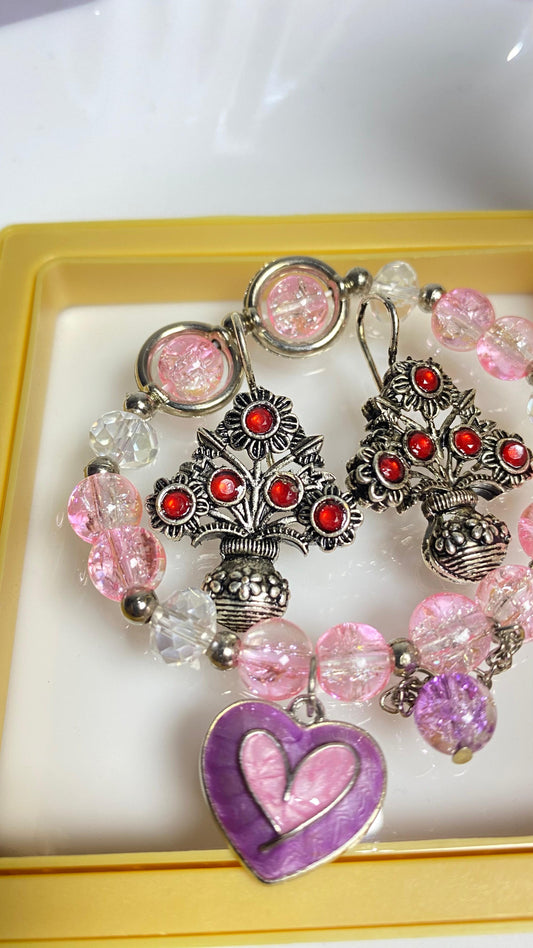 Pink Charm Beaded Bracelet with PeaCock Earring