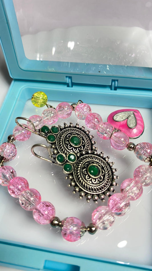 Beaded Bracelet with Green Earring