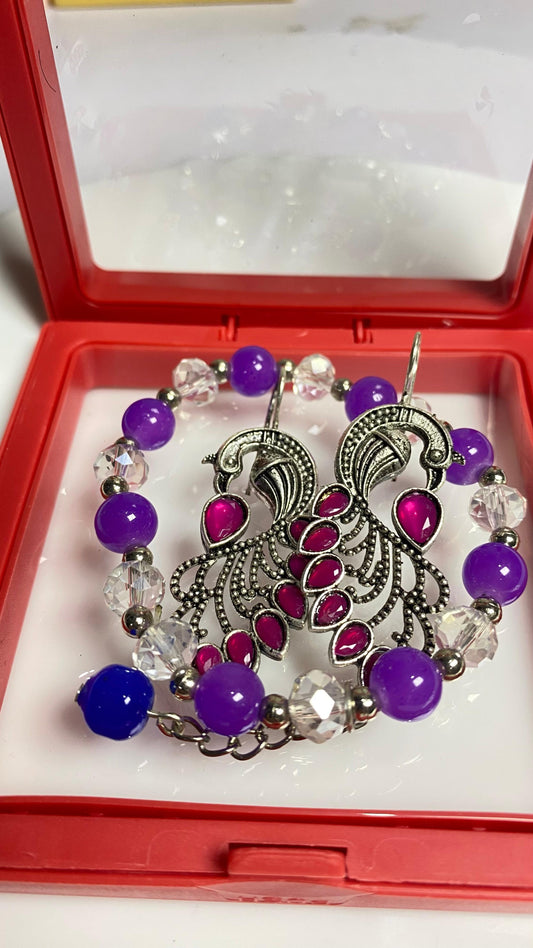 Blue Beaded Bracelet with Peacock Earring